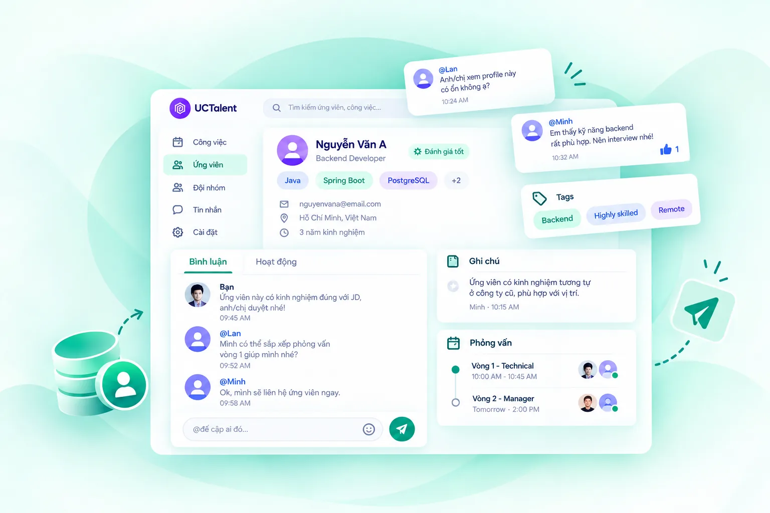 Team comments, tags and interview notes on a candidate profile in UCTalent