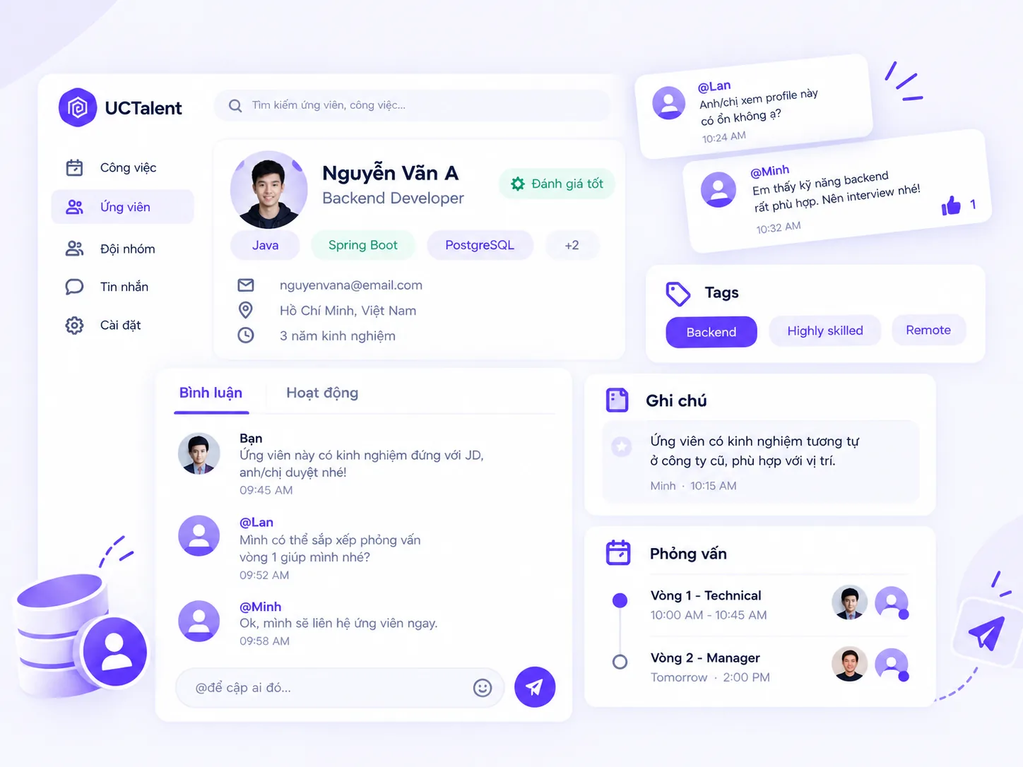 Bình luận, tag và ghi chú phỏng vấn của đội ngũ trên hồ sơ ứng viên UCTalent
