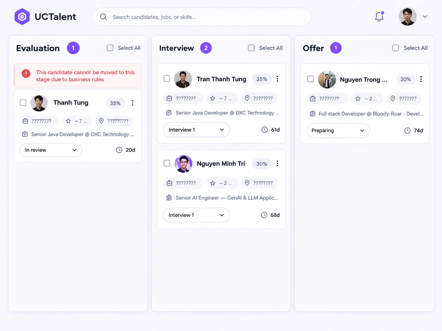 Bảng Kanban tuyển dụng trên UCTalent