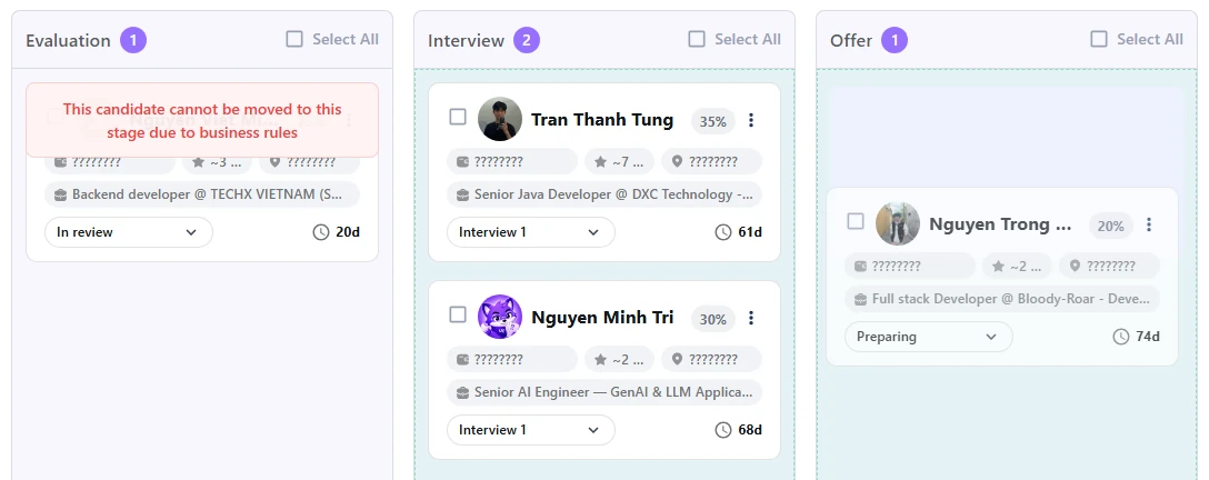 Kanban hiring board in UCTalent